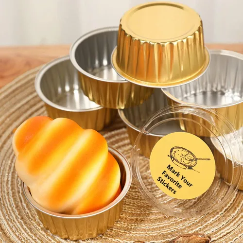 Vista 5 de Paquete de 100 tazas de papel de aluminio para hornear con tapas, tazas de postre de 5 onzas, moldes para magdalenas, moldes desechables para Oro