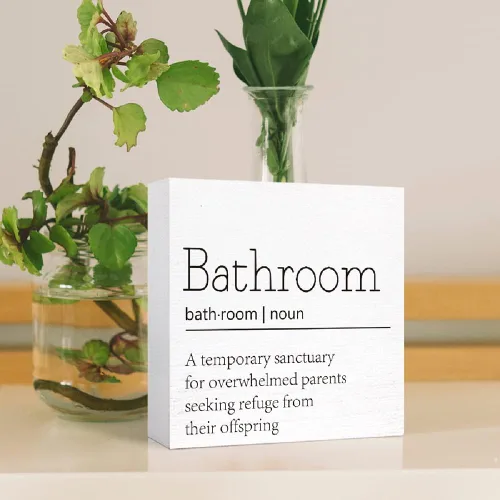 Vista 4 de Divertido letrero de madera para baño y aseo, decoración para baño - Letrero de bloque de madera de estilo granja