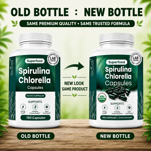 Vista 2 de Teaveli Cápsulas orgánicas de espirulina y clorella, 180 pastillas de clorofila, cápsulas de polvo de algas verdes azules para apoyar