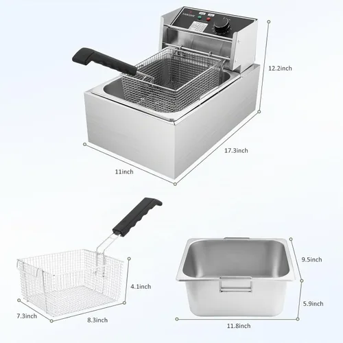 Vista 4 de Freidora profunda con cesta Freidora eléctrica de 10L/12.7QT 1700W Freidora de aceite de encimera de acero inoxidable de 0.028 in de grosor, gran