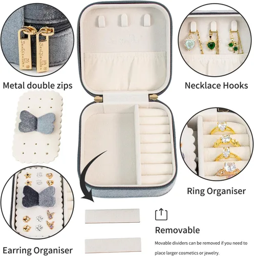 Vista 3 de SANQIANWAN Joyero de viaje de terciopelo de lujo para mujer, mini organizador de joyería pequeña, estuche de viaje portátil para anillos, aretes