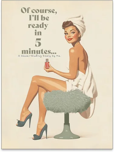 Vista 17 de Póster bohemio de baño verde salvia vintage de los años 70, arte de pared de chica pin-up de 08 x 10 pulgadas con marco negro "Por supuesto estaré