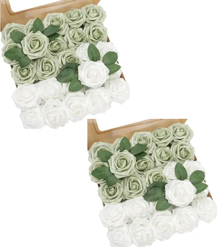 Vista 12 de Flores artificiales, 25 piezas, rosa artificial azul bebé para ramos de boda, centros de mesa, arreglos, flor falsa con tallos para decoración