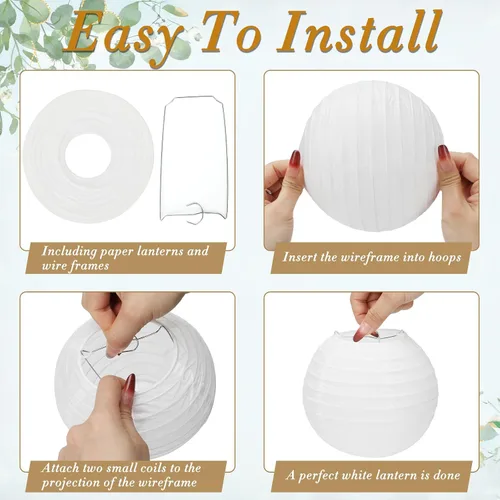 Vista 3 de Paquete de 24 linternas de papel blanco de 6 pulgadas, linternas de papel colgantes chinas, japonesas, redondas, con línea de pesca transparente