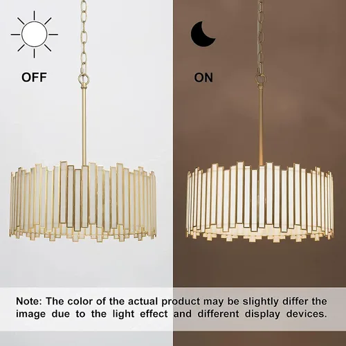 Vista 6 de Durent Lighting Candelabro de tambor dorado de 4 luces moderno con pantalla de vidrio crema, lámpara colgante de techo redonda de 16 pulgadas