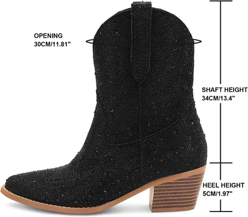 Vista 2 de SOVANYOU - Botas de cowboy con tachuelas para mujer, puntera en forma de almendra, tacón de bloque brillante, botas de vaquera con tachuelas