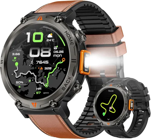 Vista 8 de Relojes inteligentes militares para hombres con GPS incorporado 3ATM impermeable con linterna de llamada/LED, reloj inteligente táctico resistente