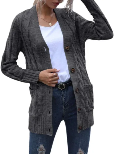 Vista 3 de MEROKEETY - Suéter de punto trenzado y manga larga para mujer, estilo cárdigan abierto al frente, con botones, para otoño, ropa de exterior holgada