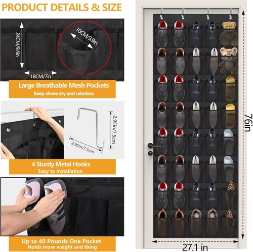 Vista 3 de Organizador de zapatos sobre la puerta, 40 bolsillos grandes de malla para colgar zapatos, organizador para armario, detrás de la puerta, soporte
