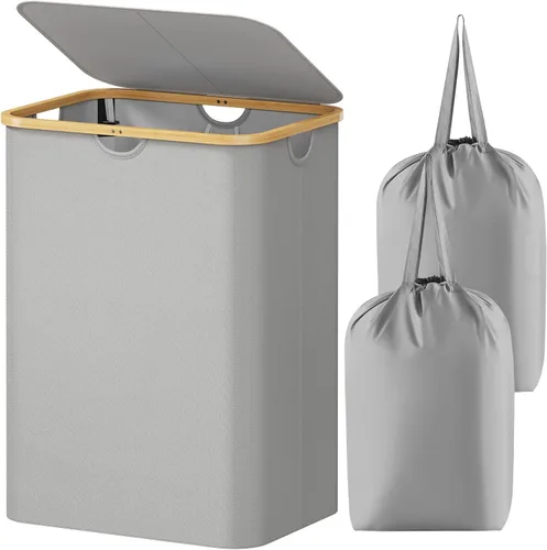 Vista 22 de Lifewit Cesta de lavandería de 80 litros con tapa, cestas de ropa para lavandería con asas de bambú y una bolsa de lavandería extraíble, cesta