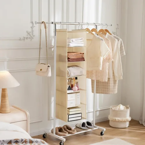 Vista 9 de MAX Houser Organizador colgante de armario de 6 niveles, estante colgante de tela con 2 ganchos resistentes para almacenamiento, plegable (beige)