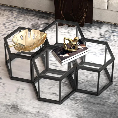 Vista 4 de Mesa de centro moderna de cristal, mesa de centro de cristal combinada, sin hexágonos, mesas auxiliares pequeñas con marco de metal para sala