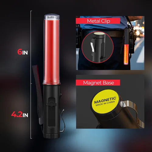 Vista 8 de RoadHero - Varita de tráfico recargable de 10 pulgadas con 3 modos intermitentes, color rojo, 1 unidad 1 White LED on Top, Side Clip, Air