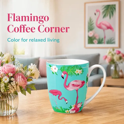 Vista 3 de Taza de porcelana de hueso flamenco de 12.5 oz con plantas tropicales Porcelana de hueso ligera, ideal para los amantes del flamenco, taza de café