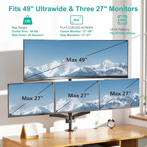 Vista 2 de WALI Soporte para 4 Monitores para Ultraanchos de hasta 49 pulgadas en el Soporte Superior y Pantallas de 27 pulgadas en los Soportes Inferiores