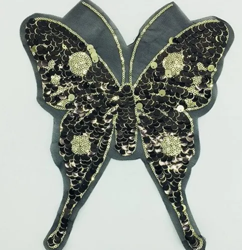Vista 3 de Parche de lentejuelas de mariposa negra brillante, parches bordados con cuentas para coser ropa, sombreros, mochilas, disfraces, bolsos, decorativos