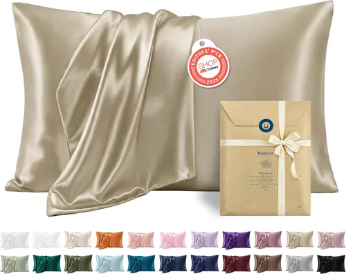 Vista 35 de Bedsure Paquete de 2 fundas de almohada de satén similares a las fundas de almohada de seda tamaño estándar, funda de almohada para mujeres que