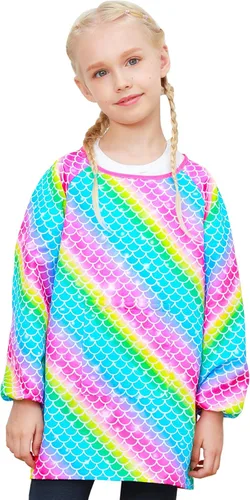 Vista 9 de PASHOP Bata de arte para niños, de unicornio, impermeable, para niñas, niños, manga larga, hasta la rodilla, con bolsillo (dinosaurio azul, 3-7 años)