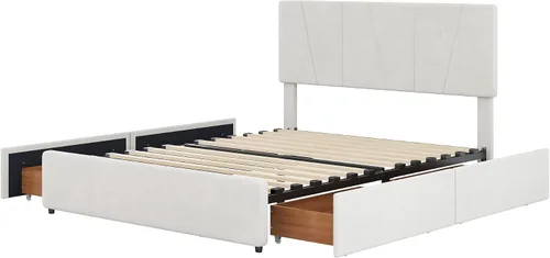 Vista 5 de SOFTSEA Marco de cama tapizado completo con 4 cajones, marco de cama de plataforma de terciopelo con cabecera ajustable