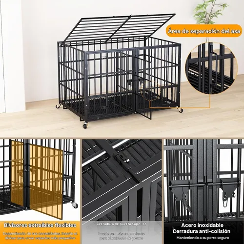Vista 6 de EZ4ENCE Jaula de Metal para Perros de 42/48/54 Pulgadas para Perros Grandes, Jaula Resistente para Perros de Interior con Panel Divisor, Ruedas