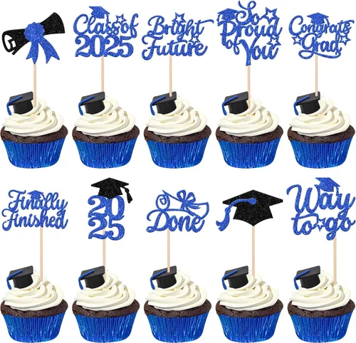 Vista 24 de 30 piezas de decoración para cupcakes de graduación para la clase de 2026 con purpurina brillante para el futuro diploma hecho 2026 Felicidades