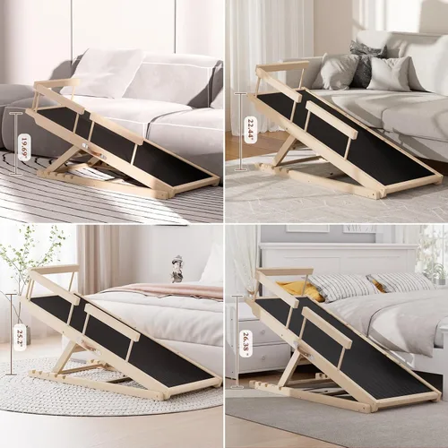 Vista 7 de Rampa para perros para cama alta, sofá, automóvil, rampas para mascotas de 55.12" de largo ajustable de 19.3"-27.17" escalón de madera para perro
