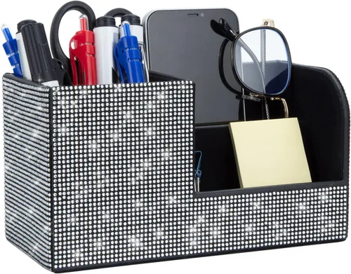 Vista 10 de Portalápices de escritorio con diamantes de imitación pegados, caja de almacenamiento de papelería, organizador multifuncional para bolígrafos