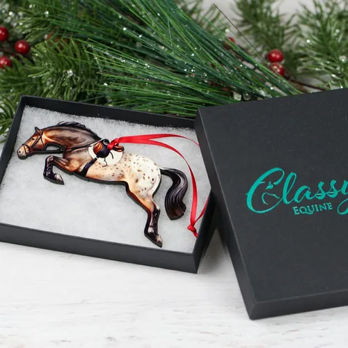 Vista 6 de Adorno de Navidad de caballo cazador, decoración de salto de caballo deportivo, regalos de caballo para ecuestre (manta moteada de bahía Appaloosa)