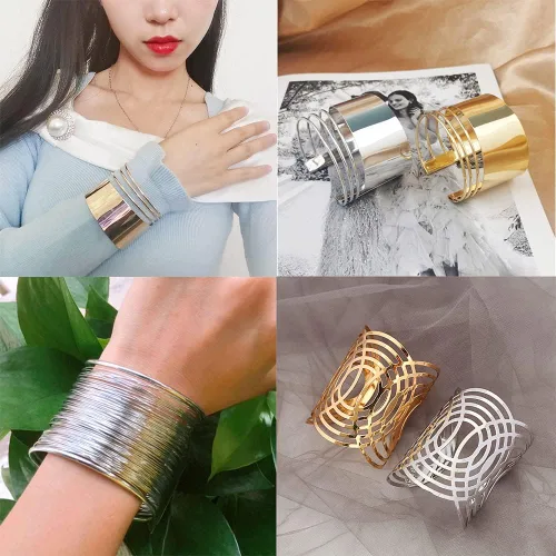 Vista 7 de MOZAKA 6 pulseras de alambre ancho abierto para mujer, pulsera de oro