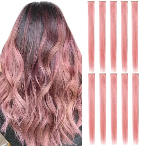 Vista 16 de 12 extensiones de cabello azul con clip en reflejos de 20 pulgadas, extensiones de cabello lacio de color liso con clip para mujer, peluca arcoíris