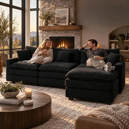 Vista 9 de Sofá seccional modular de 107", sofá de nube en forma de L con otomana Negro