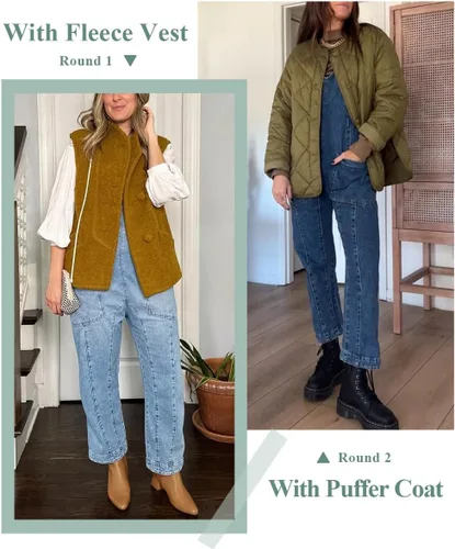 Vista 4 de PLNOTME Overol de mezclilla para mujer, sin mangas, cuello en V, tirantes ajustables, pantalones largos