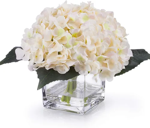 Vista 5 de Arreglos de flores artificiales de seda de hortensias en jarrón de vidrio para decoración de boda del hogar (rubor)