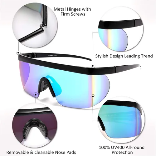Vista 4 de FEISEDY Gafas de sol deportivas de los años 80 con escudo de espejo de gran tamaño gafas de esquí con parte superior plana visera futurista