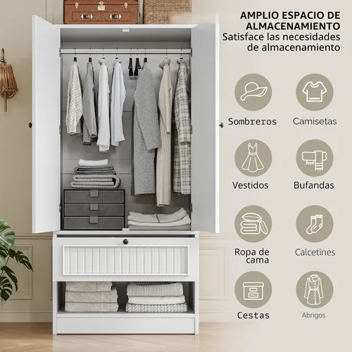 Vista 9 de iPormis Armario de madera con puerta de espejo y cajón, armario para recámara con 2 puertas para colgar ropa, color blanco