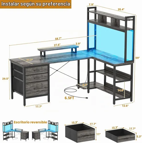 Vista 2 de Aheaplus Escritorio en forma de L con alacena, escritorio para juegos con luces LED, escritorio reversible para computadora con toma de corriente