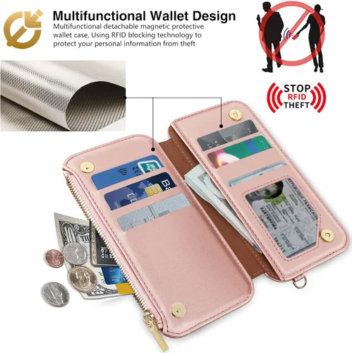 Vista 5 de Funda con cremallera para iPhone 15 Pro, 2 en 1, magnética, desmontable, protección para tarjetas RFID, 6 ranuras para tarjetas, bolsillo