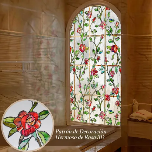Vista 2 de Windimiley Película decorativa para ventana de vitral, 3D con diseño floral de rosas, película adhesiva estática de privacidad que difunde la luz