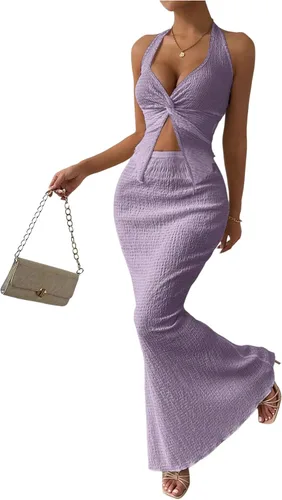Vista 29 de SOLY HUX - Conjunto de dos piezas de verano para mujer, con parte superior tipo camisola con cuello halter, nudo frontal y falda marrón (Plain Brown)