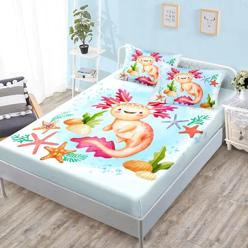 Vista 8 de HOSIMA - Juego de ropa de cama con diseño de ajolote para decoración de dormitorio infantil, patrón de dibujos animados espaciales Kawaii, animales