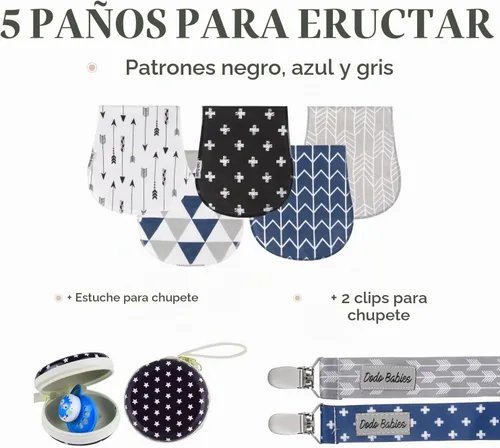 Vista 2 de Dodo Babies Paños de algodón para eructos – Algodón absorbente esencial para bebé – Hombro contorneado para bebé niño – Clip para chupete y estuche