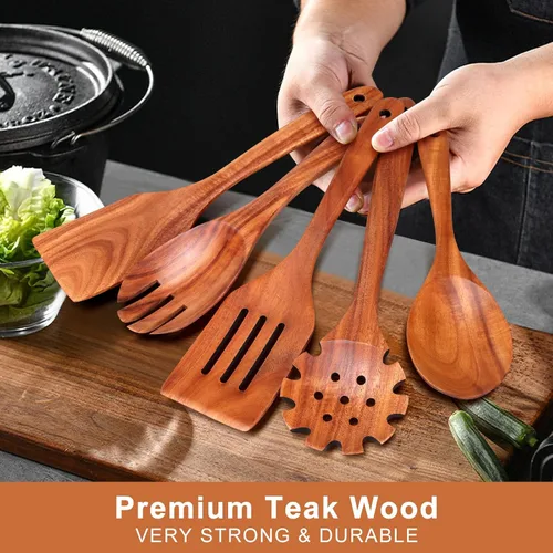 Vista 6 de Juego de 5 cucharas de madera para cocinar, espátulas de madera de teca, espátulas ranuradas para utensilios de cocina antiadherentes, cuchara