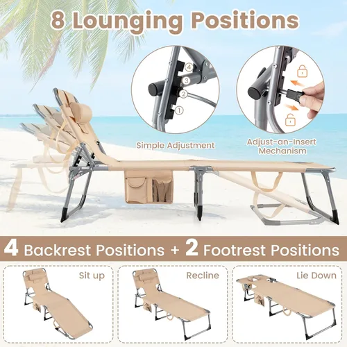 Vista 5 de COSTWAY Silla de salón plegable de playa, silla de bronceado con agujero para la cara, respaldo ajustable de 5 posiciones, almohada y bolsillo