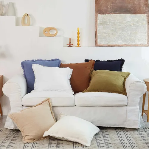 Vista 2 de ATLINIA Funda de Cojín Decorativo - Funda de Cojín de Lino de 18x18 Pulgadas Decorativa Estilo Granja Bohemio con Flecos para Sofá Cama Exterior