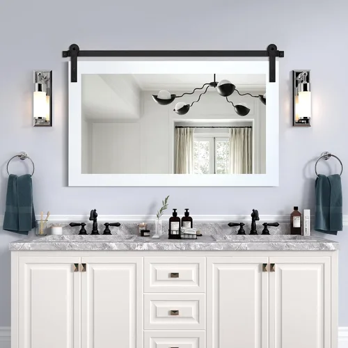 Vista 34 de COGOOD Espejo de puerta de granero de granja, 25 x 18 pulgadas, espejo decrativo con marco de madera rústica para baño, sala de estar, decoración