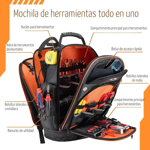 Vista 3 de Mochila de herramientas Golkcurx, mochila resistente para herramientas, bolso de herramientas de 1680D para electricistas, con base moldeada