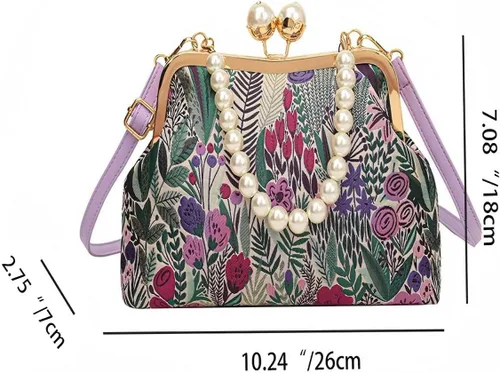 Vista 7 de Vintage Flower Embroidery Handbag,Kiss Lock Evening Shoulder Bag with Removable Shoulder Strap for Women