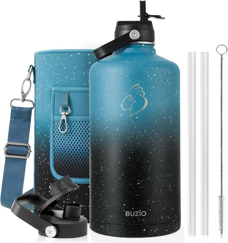 Vista 69 de BUZIO Botella de agua aislada de 24 oz, frasco de agua de boca ancha de acero inoxidable con tapa de pajita, frío durante 48 horas a prueba de Negro
