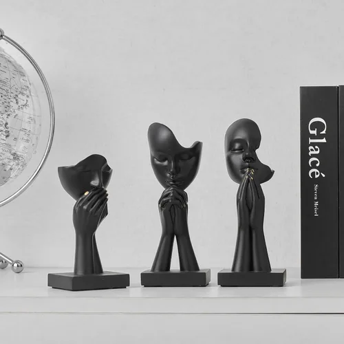Vista 7 de 3 piezas de estatuas de oración de decoración negra, figuras modernas de oración de paz, detalles de decoración de estantes, escultura de arte
