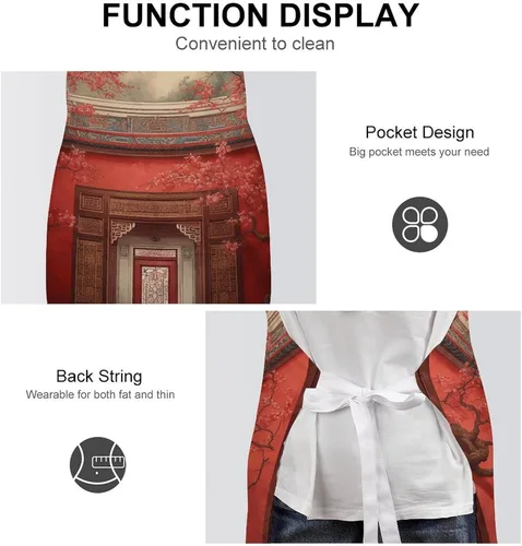 Vista 6 de MUSM Apron for Adults - 27.6 X 31.5 Inch, Heavy-Duty Polyester Aprons with Two Large Pockets, Waterproof Red Oriental Painting Kitchen Apron for